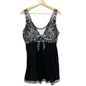 Summer Mae Black XXL One Piece Swimsuit Paisley‎ Tie Front Shorts Bottom Modest